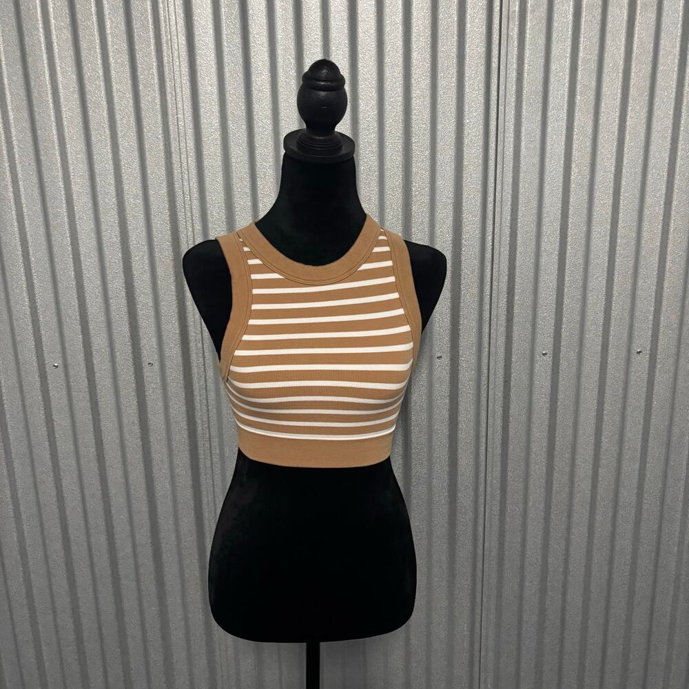 Offline Aerie‎ Ribbed Tank Top XS Brown White Stripe Cropped Stretch Lounge Fit